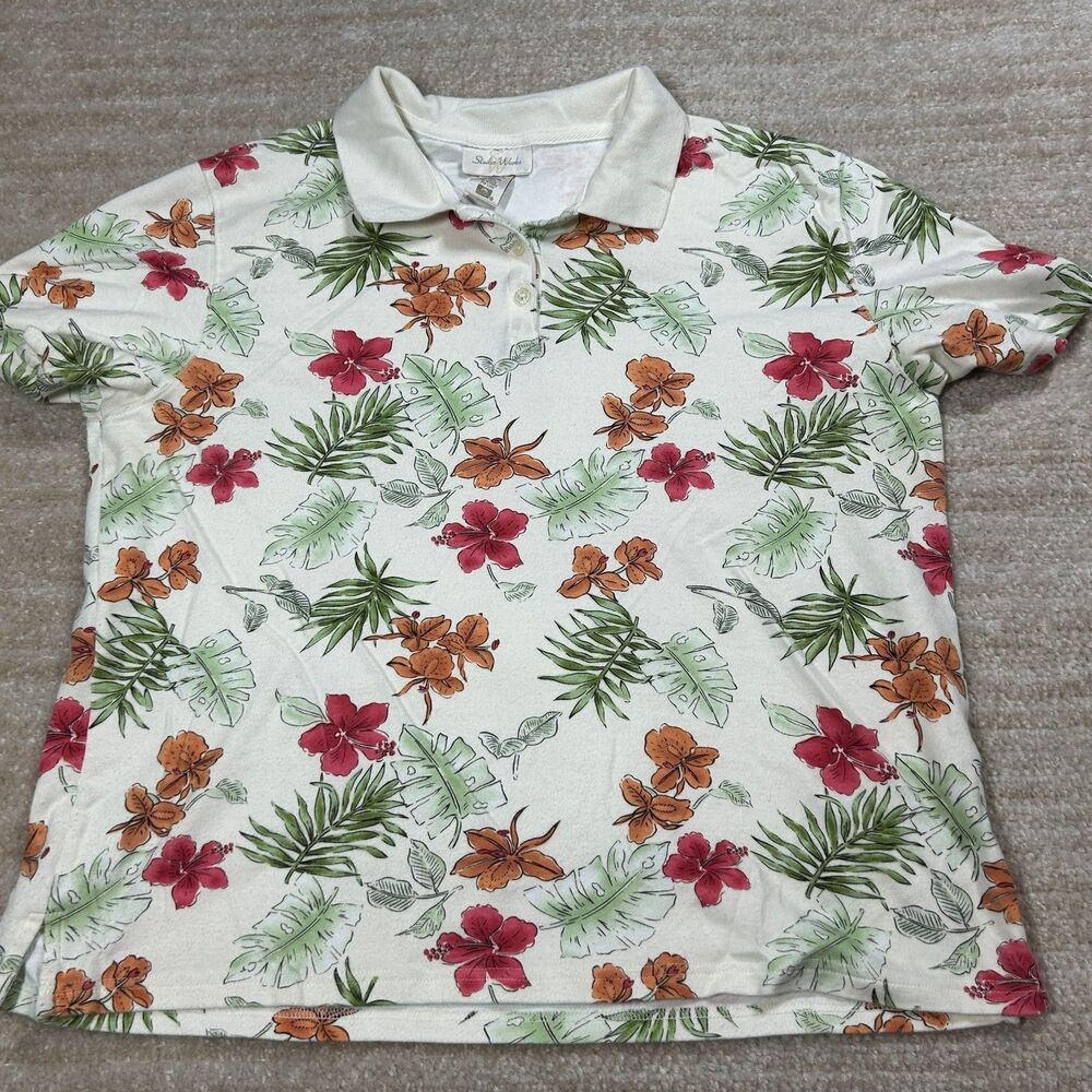 Studio Works Polo Shirt Mens XL Floral Hawaiian Short Sleeve Cotton White Print